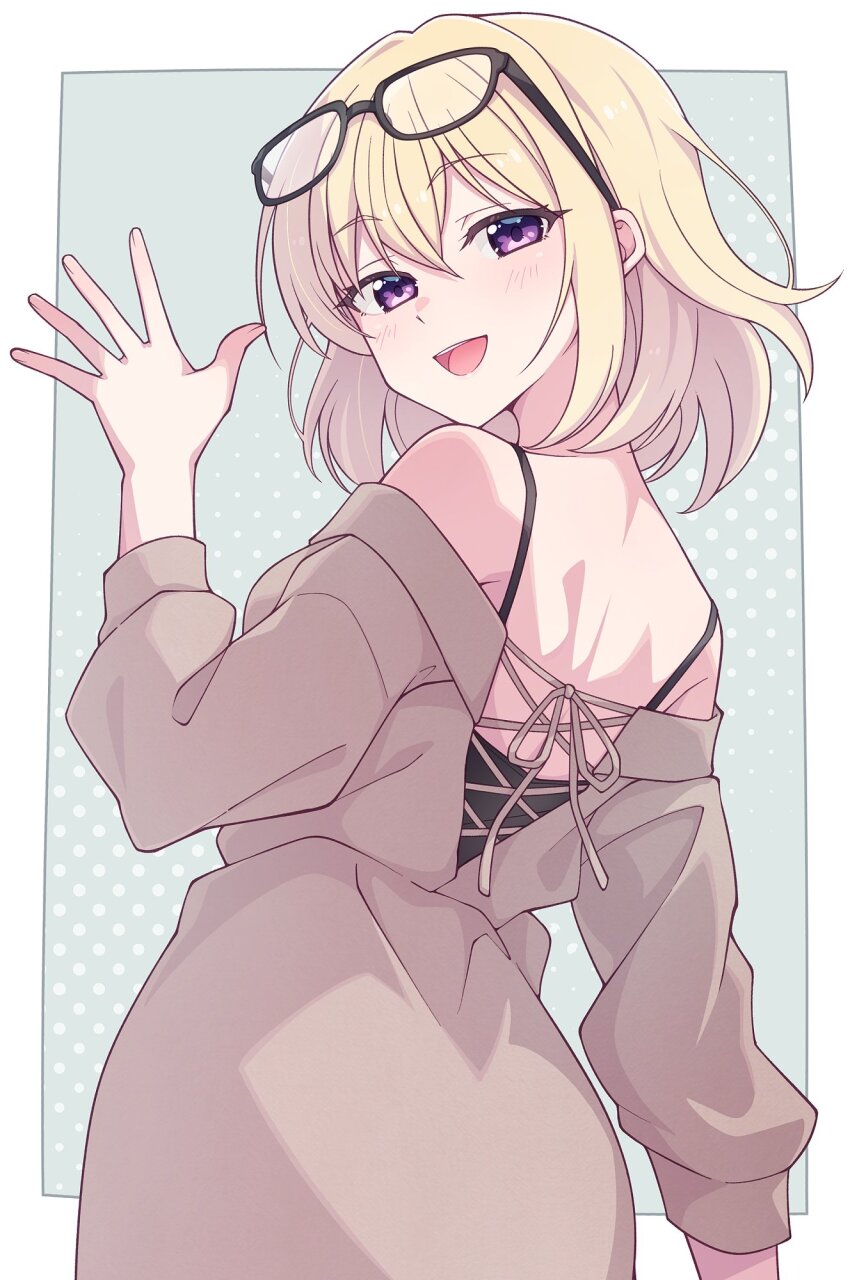 1girl bang_dream! bang_dream!_it&#039;s_mygo!!!!! black_camisole blonde_hair blush border brown_coat camisole coat commentary e20 eyewear_on_head highres long_sleeves looking_at_viewer medium_hair misumi_uika off_shoulder open_mouth outside_border purple_eyes solo teeth upper_teeth_only waving white_border