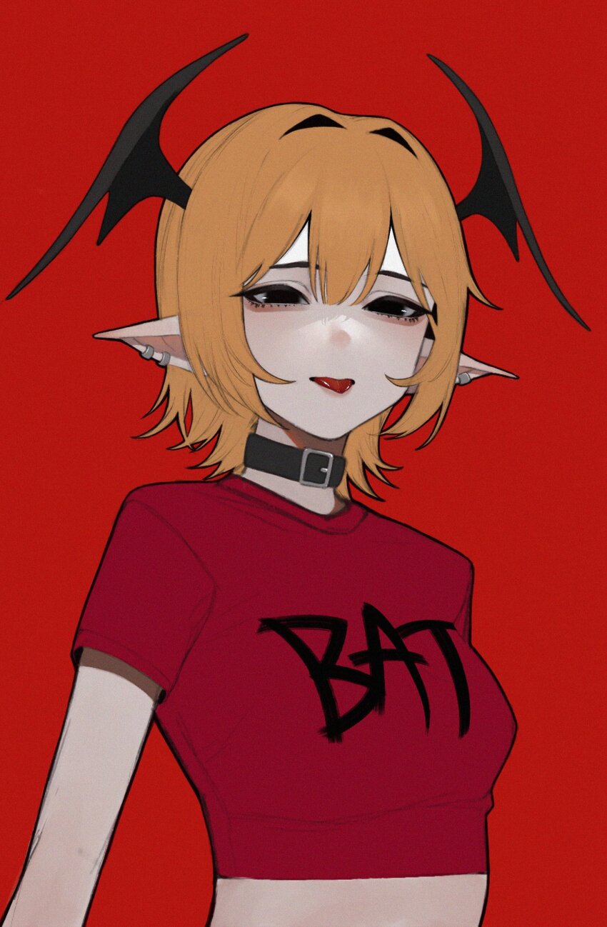 1girl anemoneeanemone bare_arms bat_wings black_collar black_eyes blonde_hair borrowed_clothes breasts clothes_writing collar cropped_shirt double-parted_bangs ear_piercing hair_between_eyes hair_intakes head_wings highres medium_breasts no_pupils original piercing pointy_ears red_background red_shirt scarlett_(justadrian) shirt short_hair short_sleeves simple_background solo tongue tongue_out upper_body wings