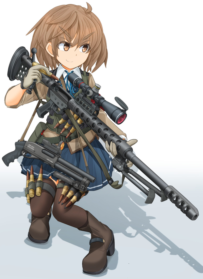 .50_bmg .50_bmg_ap_m2 .50_bmg_api-t_m20 .50_bmg_ball_m2 .50_bmg_raufoss_mk_211_heiap 12-gauge 1girl ammunition anti-materiel_cartridge anti-materiel_rifle armor-piercing_ammunition blazer blue_ribbon blue_skirt bolt-action_rifle boots brown_boots brown_eyes brown_hair brown_jacket brown_thighhighs bullet closed_mouth dress_shirt frankford_arsenal full_metal_jacket_(ammunition) gloves gradient_background grey_background grey_gloves gun high-explosive_cartridge high-explosive_incendiary_armor-piercing_ammunition highres hmg_cartridge holding holding_bullet holding_gun holding_weapon incendiary_ammunition jacket long_sleeves looking_to_the_side magnum_cartridge match_grade match_grade_ammunition match_grade_firearm match_grade_rifle mikeran_(mikelan) military_cartridge miniskirt neck_ribbon original pleated_skirt pump_action remington_870 ribbon rifle rifle_cartridge school_uniform scope serbu_bfg-50 serbu_firearms serbu_super-shorty shadow shirt short_hair shotgun shotgun_shell single_horizontal_stripe skirt sleeves_rolled_up smirk sniper_rifle solo squatting thigh_strap thighhighs tracer_ammunition v-shaped_eyebrows weapon white_shirt winchester_repeating_arms_company wing_collar