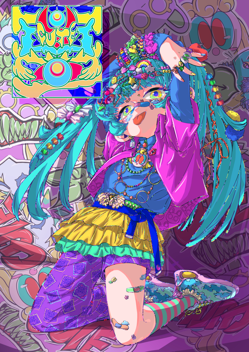 1girl absurdres arm_over_head arms_up asymmetrical_clothes bandaid bandaid_on_face bandaid_on_leg bandaid_on_nose bead_necklace beads belt blue_belt blue_hair blue_shirt bracelet closed_mouth collared_shirt decora frilled_skirt frills full_body graffiti green_skirt hair_ornament hair_ribbon hairclip highres jewelry kneehighs kneeling layered_shirt layered_skirt layered_sleeves long_hair long_sleeves looking_at_viewer miniskirt multicolored_nails multiple_bracelets multiple_rings necklace open_clothes open_shirt original pants pants_under_skirt patterned_clothing pink_shirt purple_pants purple_pupils rainbow_hair_ornament red_ribbon ribbon ring shirt shirt_tucked_in shoes short_over_long_sleeves short_sleeves single_pantsleg skirt sneakers socks solo sticker_on_face striped_clothes striped_socks tongue tongue_out too_many_hair_ornaments twintails vico_(bibico) yellow_eyes yellow_skirt