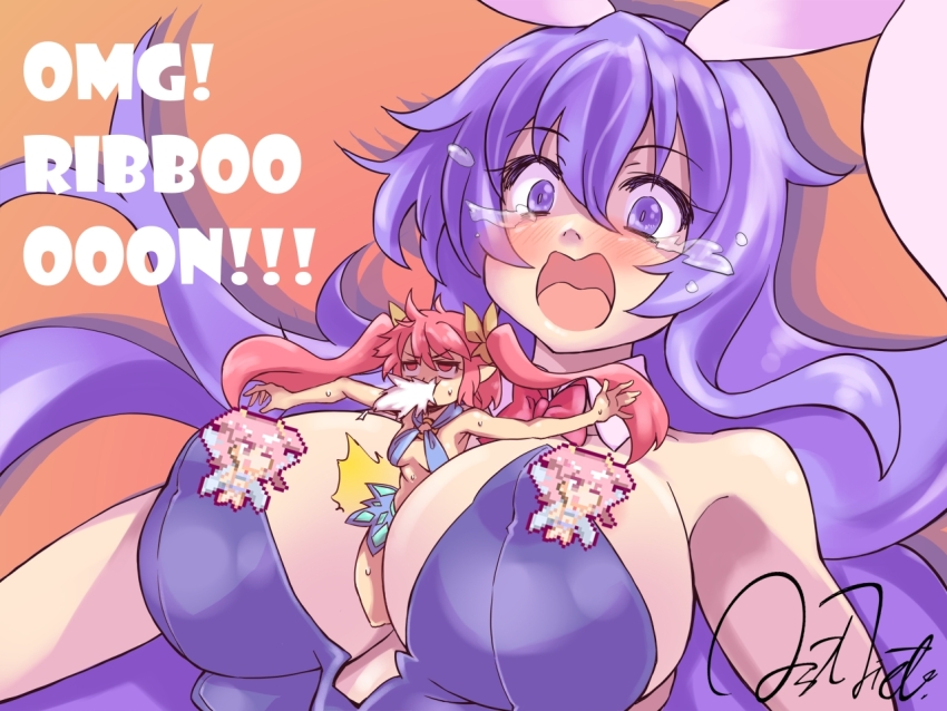 2girls animal_ears between_breasts bow bowtie breasts censored cleavage crying detached_collar erina_(rabi-ribi) fairy gradient_background jiete large_breasts leotard multiple_girls open_mouth orange_background person_between_breasts pink_eyes pink_hair playboy_bunny purple_eyes purple_hair purple_leotard rabbit_ears rabbit_girl rabi-ribi red_bow red_bowtie ribbon_(rabi-ribi) simple_background