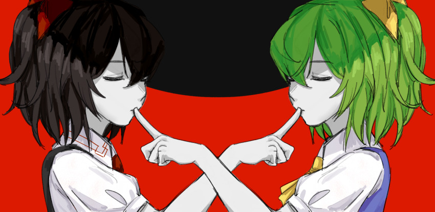 2girls akaakaakaakashio ascot black_background black_hair black_vest blue_vest bow closed_eyes closed_mouth colored_skin commentary cookie_(touhou) daiyousei diyusi_(cookie) english_commentary expressionless finger_to_another&#039;s_mouth green_hair hair_between_eyes hair_bow highres long_bangs multiple_girls puffy_short_sleeves puffy_sleeves red_ascot red_background red_bow shirt short_hair short_sleeves siyudi_(cookie) touhou two-tone_background upper_body vest white_shirt white_skin yellow_ascot yellow_bow