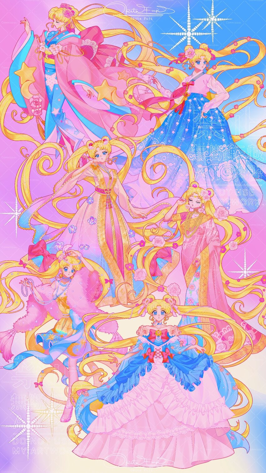 1girl :o absurdly_long_hair absurdres alternate_costume artist_name bishoujo_senshi_sailor_moon blonde_hair blue_bow blue_dress blue_eyes blue_kimono blue_skirt bow closed_eyes commission cosmic_heart_compact crisis_moon_compact double_bun dress dress_bow feather_boa floating_hair flower frilled_dress frills full_body gown hair_bun hair_flower hair_ornament hanbok highres indian_clothes jacket japanese_clothes jewelry kimono korean_clothes long_dress long_hair multiple_views necklace off-shoulder_dress off_shoulder okitafuji parted_lips pearl_necklace pink_bow pink_dress pink_flower pink_jacket pink_rose rose sari signature skirt star_(symbol) tsukino_usagi twintails very_long_hair watermark watermark_grid wide_sleeves yellow_dress