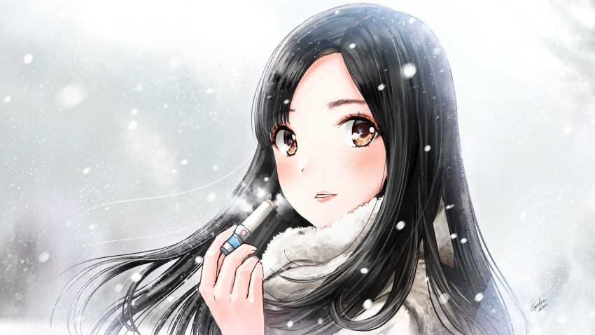 1girl absurdres asymmetrical_bangs black_hair blush brown_eyes close-up hashimoto_kanna highres kazuharu_kina long_hair looking_at_viewer parted_bangs photo-referenced portrait real_life scarf signature simple_background snowing solo tagme upper_body