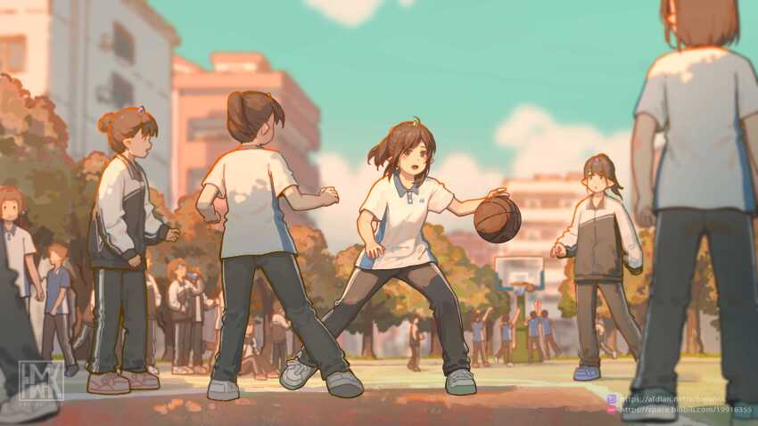 5girls absurdres arm_up artist_logo artist_name ball basketball basketball_(object) bilibili_logo bilibili_username black_pants blue_footwear brown_eyes brown_hair cardigan chinese_commentary commentary_request hair_bun highres hua_ming_wink logo long_sleeves looking_ahead looking_at_another medium_hair multiple_girls open_mouth original pants pink_shoes pointy_ears ponytail shirt shoes short_hair short_sleeves sidelocks sky sportswear white_footwear white_shirt