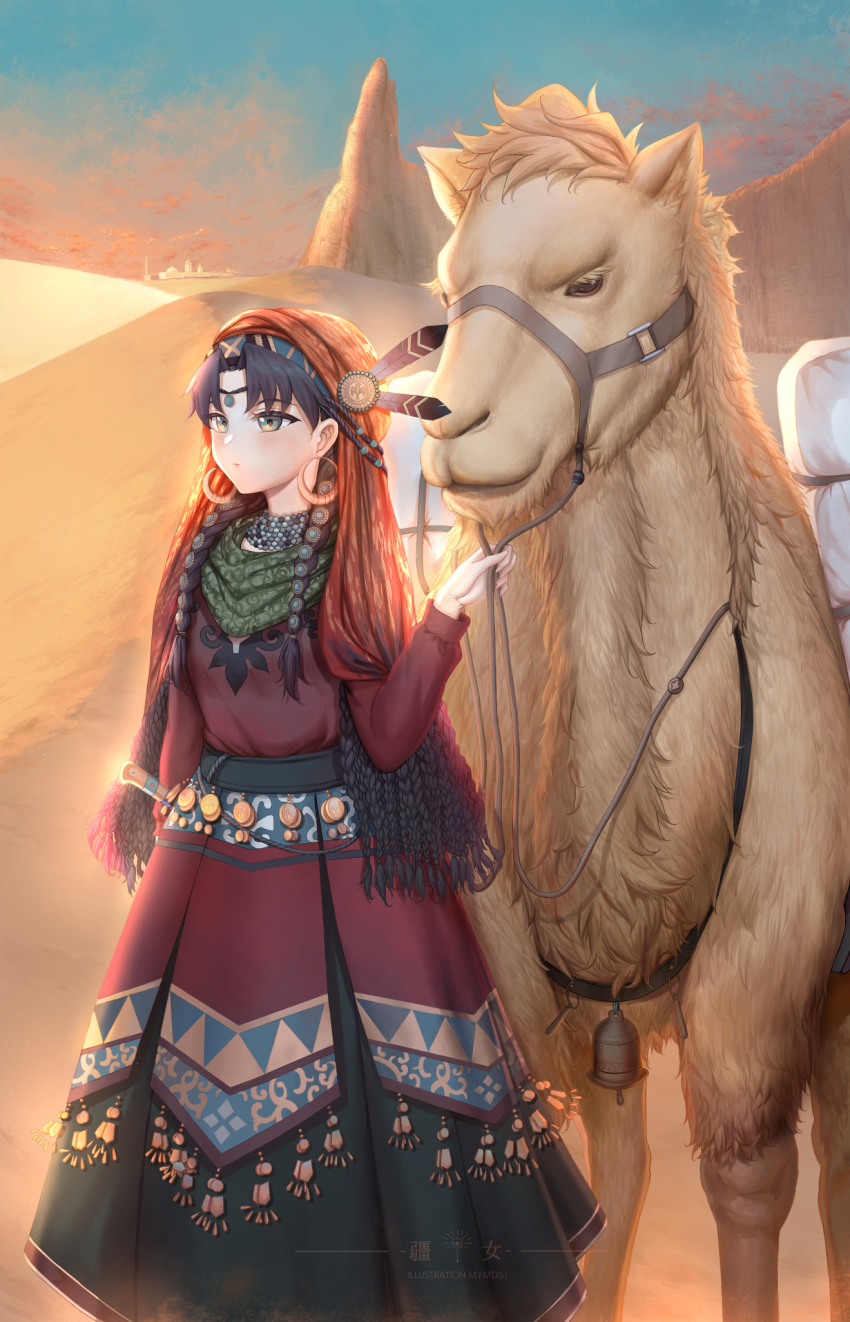 1girl black_hair blue_sky braid camel chinese_commentary closed_mouth commentary commentary_request day desert dress earrings english_commentary expressionless feet_out_of_frame green_dress green_sash gypsy headscarf highres hoop_earrings jewelry long_dress long_hair looking_afar mixed-language_commentary multicolored_dress orange_scarf original outdoors qisu red_dress sash scarf sky solo standing tassel twin_braids