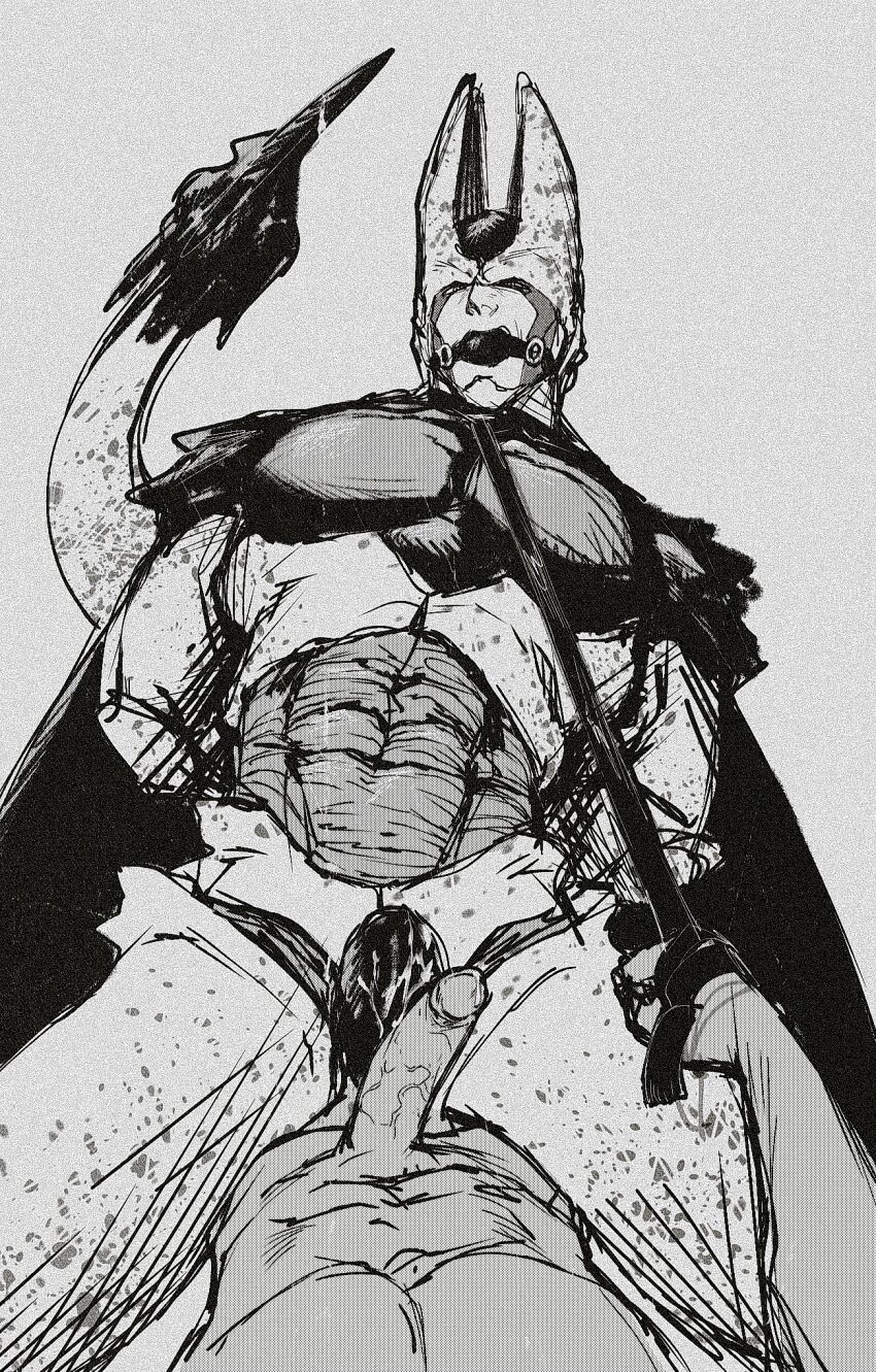 2boys aftersex alien arms_behind_back ball_gag bara bdsm bondage bound cell_(dragon_ball) cowboy_shot cowgirl_position cum dragon_ball dragonball_z erection gag gagged greyscale highres large_pectorals male_focus monochrome monster_boy multiple_boys muscular muscular_male nude pectorals penis perfect_cell pov pov_crotch smokerichi solo_focus straddling tail_raised