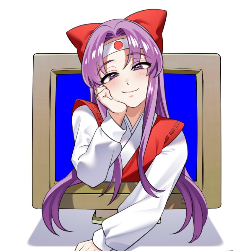 1girl alt_text bow closed_mouth commentary_request control_rod_(touhou) guumin hair_bow hakurei_reimu hakurei_reimu_(pc-98) hand_on_own_cheek hand_on_own_face headband highly_responsive_to_prayers highres japanese_clothes kimono long_hair long_sleeves looking_at_viewer monitor parted_bangs purple_eyes purple_hair red_bow sidelocks simple_background smile solo through_medium through_screen touhou touhou_(pc-98) upper_body white_background white_headband white_kimono