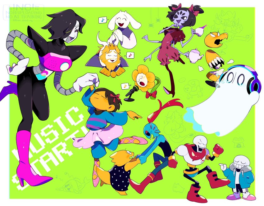 1other 4boys 4girls =_= ^_^ alphys android arthropod_girl asgore_dreemurr ballet_slippers black_hair boots bow closed_eyes dancing extra_arms flower flowey_(undertale) frisk_(undertale) full_body ghost gloves green_background hair_bow hand_on_own_hip headphones high_heel_boots high_heels highres holding holding_hands holding_teapot insect_girl kanianoreki knee_boots mad_dummy_(undertale) mettaton mettaton_ex microphone muffet multiple_boys multiple_girls music musical_note napstablook open_mouth outstretched_arms papyrus_(undertale) pink_skirt purple_boots sans_(undertale) short_hair short_twintails singing skirt spider_girl spoken_musical_note standing teapot toriel twintails undertale undyne white_gloves