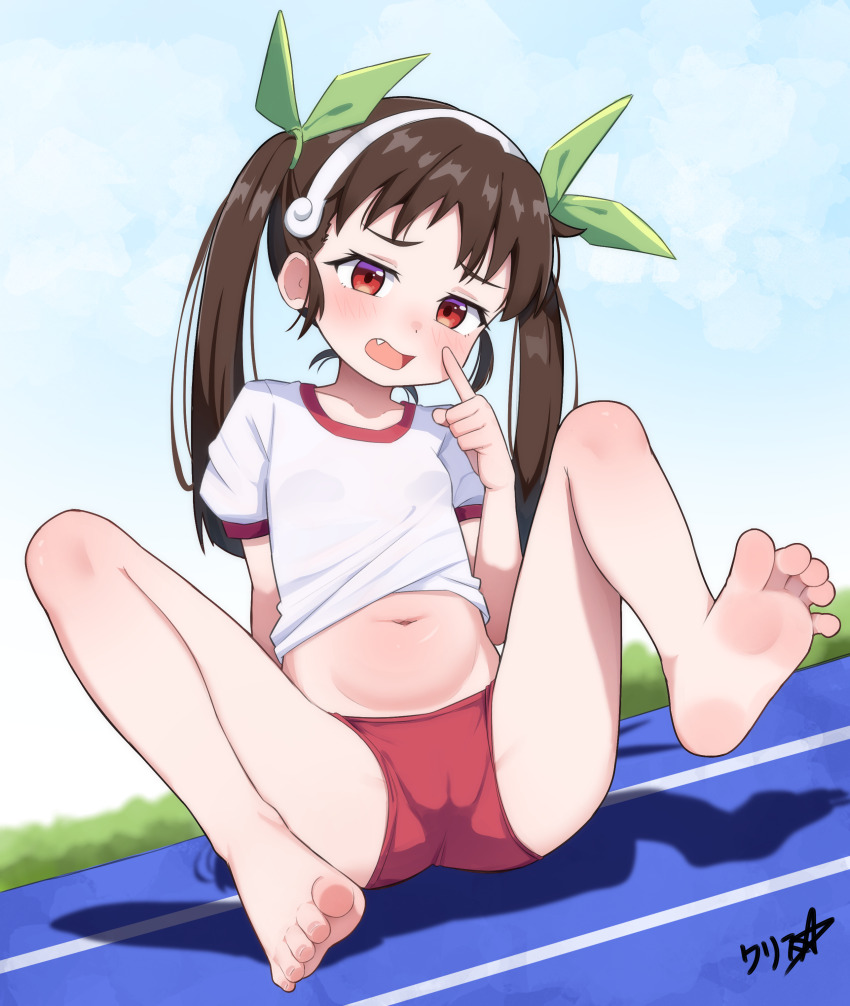 1girl absurdres barefoot boppin brown_hair buruma cameltoe clothes_lift commentary fang feet flat_chest foot_focus foreshortening full_body green_ribbon gym_uniform hachikuji_mayoi hair_ribbon hairband highres loli long_hair looking_at_viewer monogatari_(series) navel open_mouth presenting_foot puffy_short_sleeves puffy_sleeves red_buruma red_eyes ribbon shirt shirt_lift short_sleeves sitting soles solo toes twintails white_hairband white_shirt