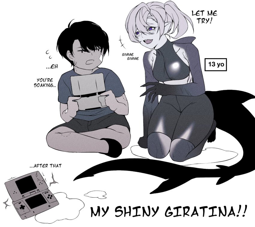 1boy 1girl bandaid bandaid_on_cheek bandaid_on_face bikini bite_mark bite_mark_on_arm bite_mark_on_leg black_bikini black_hair black_panties breasts cero_rains commentary english_commentary english_text fingernails fins fish_girl fish_tail full_body gills grey_hair hair_between_eyes hand_on_ground handheld_game_console highres holding holding_handheld_game_console indian_style kneeling looking_at_another mole mole_under_eye monster_girl original panties parted_lips pointy_ears ponytail purple_eyes shark_girl shark_tail sharp_fingernails sharp_teeth short_hair simple_background sitting size_difference small_breasts sweatdrop swimsuit tail teeth trish_(cero_rains) underwear white_background