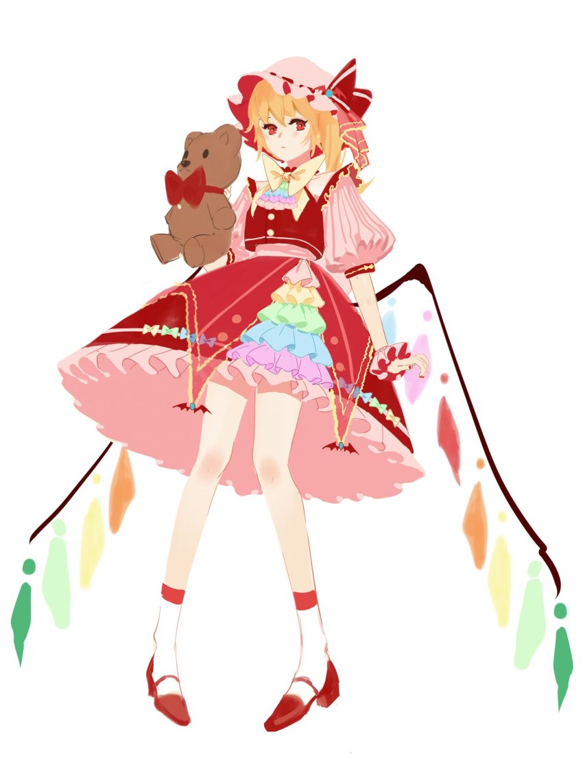 1girl :| ascot asymmetrical_hair blonde_hair blouse blue_bow blush bow bowtie closed_mouth commentary crystal expressionless eyebrows_hidden_by_hair flandre_scarlet full_body green_bow hair_between_eyes hat hat_ribbon highres holding holding_stuffed_toy houraisan_chouko looking_at_viewer medium_hair mob_cap multicolored_ascot pink_hat pink_shirt puffy_short_sleeves puffy_sleeves purple_bow red_eyes red_footwear red_ribbon red_skirt red_vest ribbon shirt short_sleeves simple_background skirt skirt_set socks solo stuffed_animal stuffed_toy teddy_bear touhou vest white_background white_socks wings wrist_cuffs yellow_bow yellow_bowtie