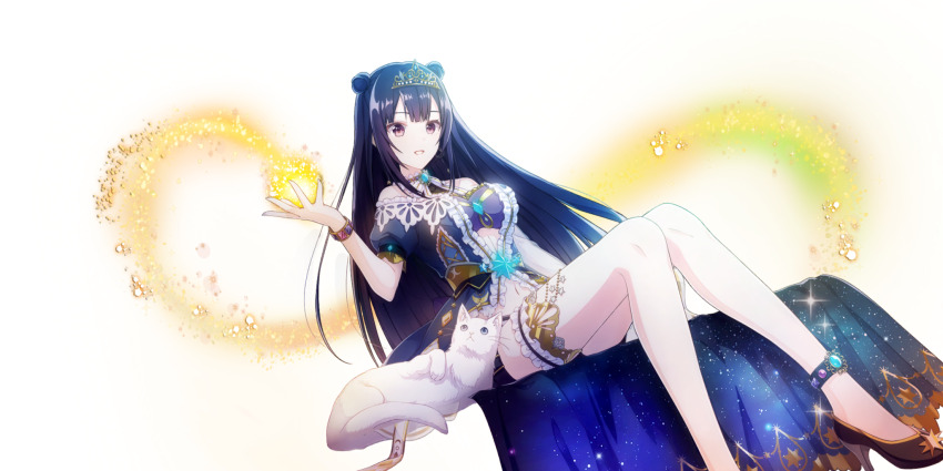 1girl animal anklet bare_shoulders black_shoes blue_dress blue_gemstone breasts cat double-parted_bangs double_bun dress frilled_thigh_strap game_cg gem hair_bun high_heels highres jewelry lapis_re:lights long_hair looking_at_viewer magic medium_breasts navel off-shoulder_dress off_shoulder official_art open_mouth pumps purple_eyes purple_hair shoes simple_background sitting smile solo thigh_strap third-party_source tiara transparent_background white_cat wristband yue_(lapis_re:lights)