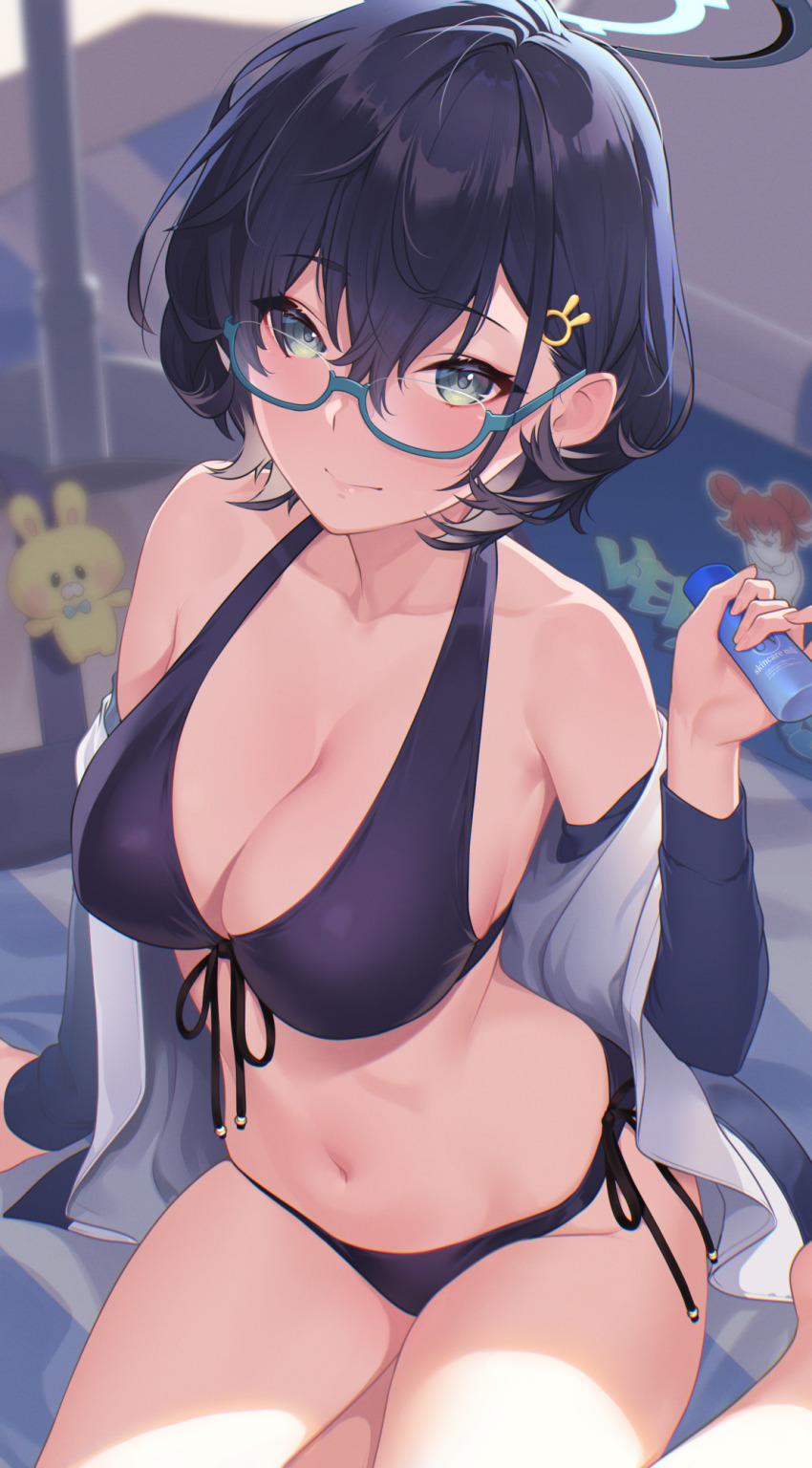 1girl bag_charm bare_shoulders beach_towel bikini black_bikini black_hair blue_archive bottle breasts charm_(object) chihiro_(blue_archive) cleavage collarbone glasses green_eyes hair_ornament hairclip halo highres hikichi_sakuya holding holding_bottle large_breasts looking_at_viewer lotion_bottle navel short_hair sitting solo stomach swimsuit thighs towel