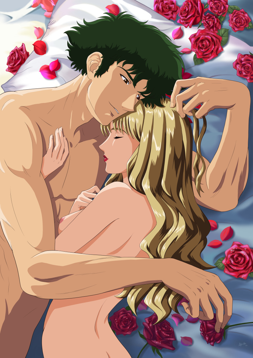absurdres blonde_hair breasts closed_eyes couple cowboy_bebop curly_hair green_hair highres hug julia_(cowboy_bebop) medium_breasts nipples non-web_source nude sleeping spike_spiegel