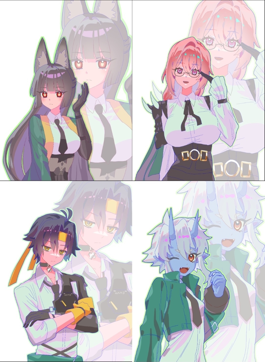 1boy 3girls animal_ear_fluff animal_ears asaba_harumasa black_gloves black_hair black_skirt blue_skin blunt_bangs breasts brown_eyes closed_mouth colored_skin crossed_arms dress_shirt fox_ears fox_girl gauntlets glasses gloves green_jacket hair_between_eyes high-waist_skirt highres horns hoshimi_miyabi jacket jihwado large_breasts long_hair looking_at_viewer multiple_girls one_eye_closed oni open_mouth parted_bangs pencil_skirt pink_eyes pink_hair red_eyes serious shirt short_hair simple_background skirt smile soukaku_(zenless_zone_zero) tsukishiro_yanagi upper_body white_background white_hair white_shirt yellow_eyes zenless_zone_zero