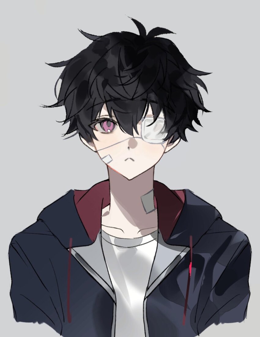 1boy :&lt; bandage_over_one_eye bandaid bandaid_on_face black_hair collarbone eyepatch grey_background hair_between_eyes highres hood hood_down hooded_jacket idolish7 jacket long_sleeves looking_at_viewer male_focus medical_eyepatch minirai0707 open_clothes open_jacket purple_eyes shirt short_hair upper_body white_shirt