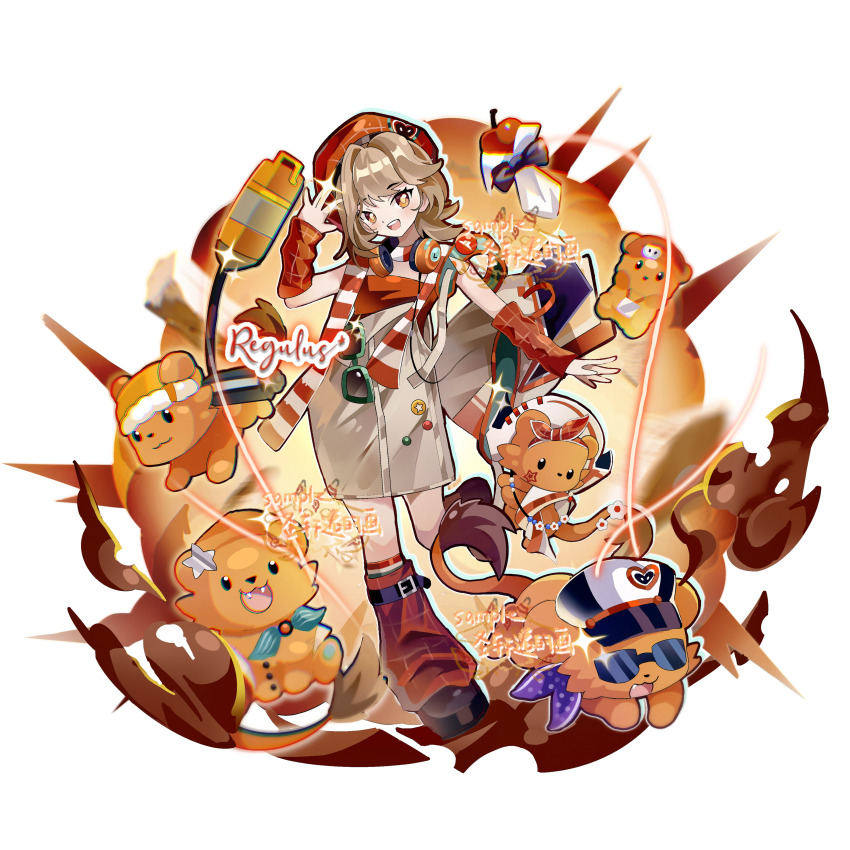 1girl :d absurdres animalization apple apple_(reverse:1999) backpack bag beret black_bow black_bowtie black_shoes bow bowtie brown_hair explosion explosion_background food fruit full_body hand_up hat headphones headphones_around_neck highres lion_cub looking_at_viewer loose_socks newsboy_cap official_alternate_costume open_bag open_mouth orange_eyes overall_skirt person_and_animalization record_jacket red_arm_warmers red_hat red_shirt red_socks regulus_(pizza_hut)_(reverse:1999) regulus_(reverse:1999) reverse:1999 scarf shengxuanyi shirt shoes short_hair skirt smile socks solo strapless strapless_shirt striped_clothes striped_scarf sunglasses traditional_bowtie watermark white_background white_skirt