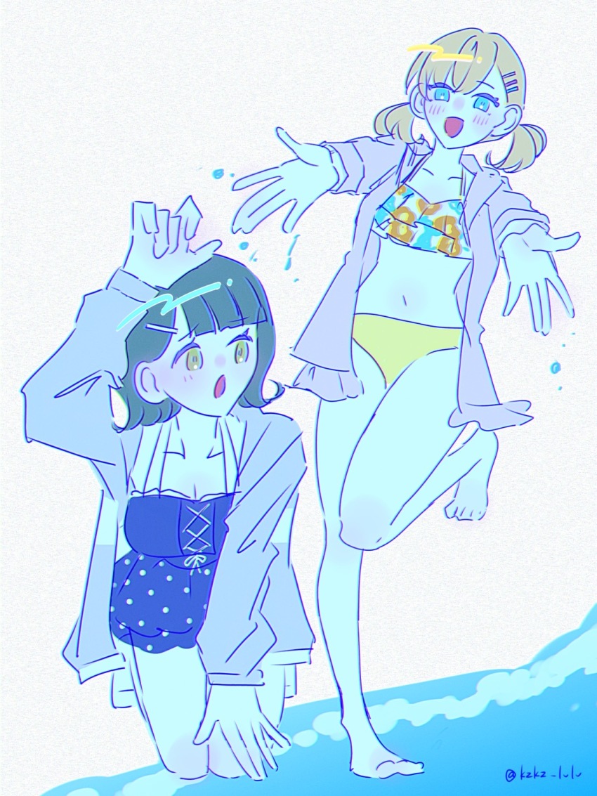 2girls :d arm_up barefoot beach bikini black_one-piece_swimsuit blunt_bangs breasts cleavage collarbone commentary_request cross-laced_clothes cross-laced_one-piece_swimsuit dress_swimsuit flipped floral_print floral_print_bikini full_body green_eyes green_hair grey_jacket hair_ornament hairclip highres hinoshita_kaho hinoshita_kaho_(swimsuit) hood hooded_jacket jacket kzkz_lvlv link!_like!_love_live! love_live! low_twintails medium_breasts medium_hair mismatched_bikini momose_ginko momose_ginko_(swimsuit) multiple_girls official_alternate_costume one-piece_swimsuit open_clothes open_jacket open_mouth orange_hair outstretched_arms parallel_hairclips pink_jacket print_bikini purple_theme short_hair simple_background smile standing swimsuit twintails twitter_username virtual_youtuber white_background yellow_bikini