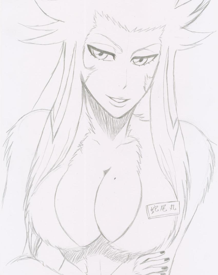 00s 1girl bleach bleach:_zanpakutou_ibun_hen breasts cleavage crossed_arms female_focus haruka_(the_end_is_far) highres large_breasts monochrome personification sketch solo traditional_media zabimaru