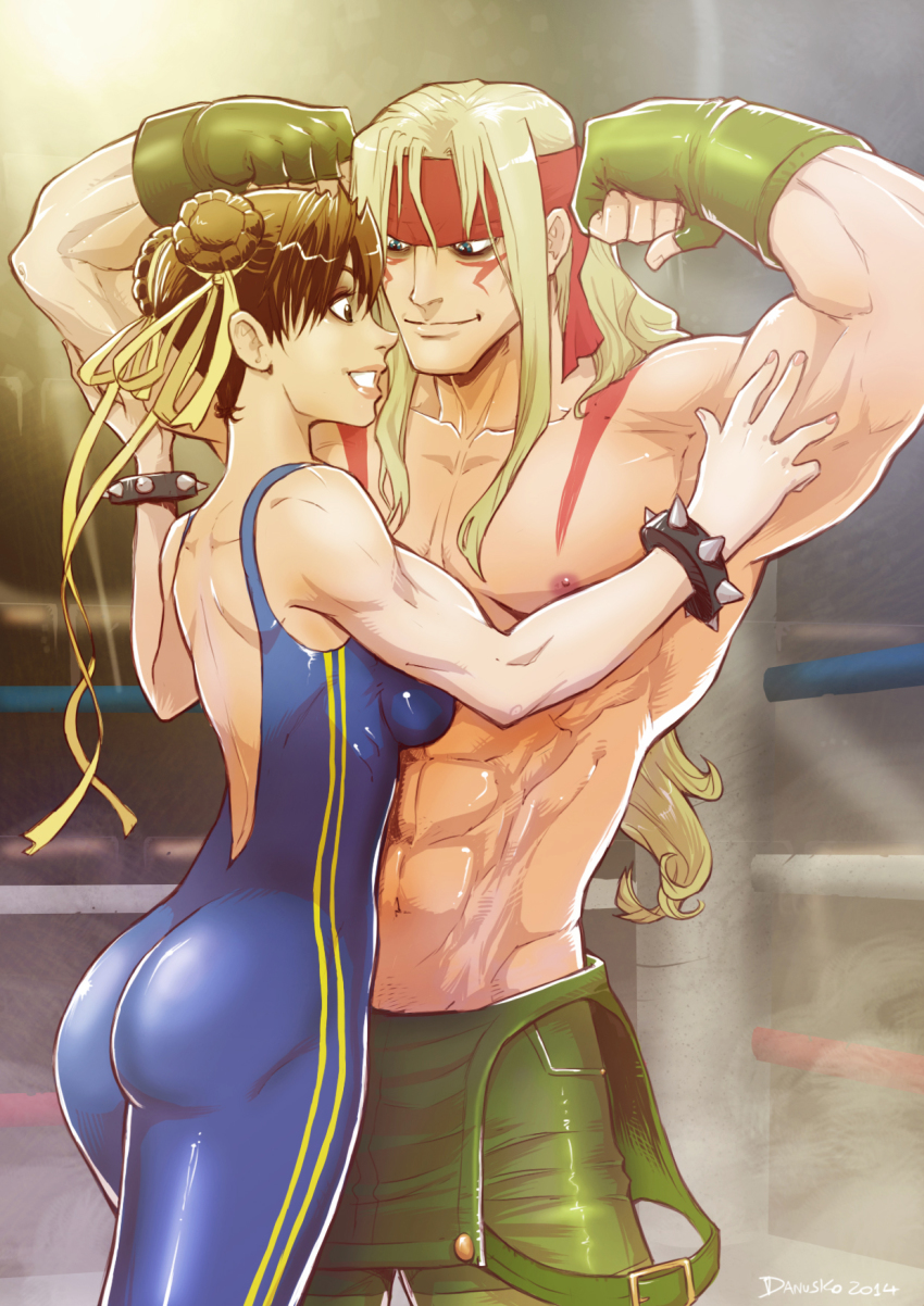 1boy 1girl abs alex_(street_fighter) alternate_costume ass backless_outfit blonde_hair blue_eyes bracelet brown_eyes brown_hair capcom chun-li danusko double_bun fingerless_gloves flexing gloves hair_bun hair_ribbon headband hetero highres jewelry long_hair muscular ribbon short_hair signature skin_tight smile spiked_bracelet spikes street_fighter street_fighter_iii_(series) street_fighter_zero_(series) topless_male unitard wrestling_ring