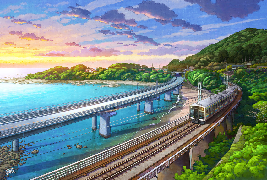 bridge cloud commentary_request east_japan_railway_company kamogawa_(chiba) lamppost mountain mugumo_24k multiple_unit_train no_humans ocean original outdoors overhead_line power_lines railroad_tracks real_world_location revision road rock scenery train water