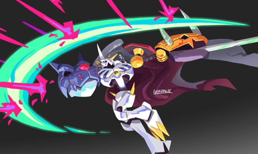 3boys arm_blade armor artist_name blue_eyes digimon digimon_adventure digimon_adventure:_bokura_no_war_game full_body gero_rivera grey_background highres ishida_yamato mecha multiple_boys multiple_heads omegamon on_shoulder robot shoulder_armor simple_background slashing solo_focus sword weapon yagami_taichi