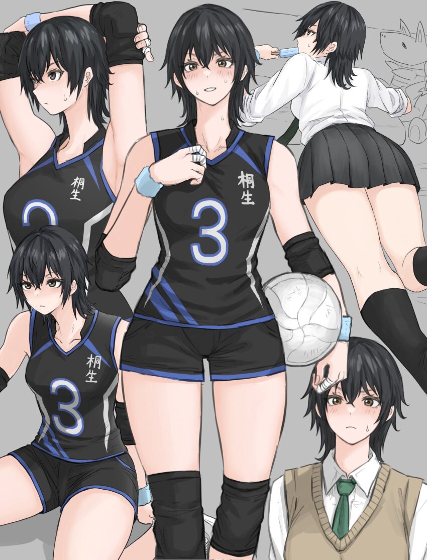 1girl absurdres armpits ball bandaged_fingers bandages black_hair black_shirt black_shorts clothes_writing elbow_pads food food_in_mouth fuku_(fuku12290574) green_necktie highres holding holding_ball holding_food holding_popsicle jersey knee_pads medium_hair multiple_views necktie original photoshop_(medium) popsicle popsicle_in_mouth shirt shirt_writing shorts sitting sleeveless sportswear standing sweat volleyball volleyball_(object) volleyball_uniform wariza wristband