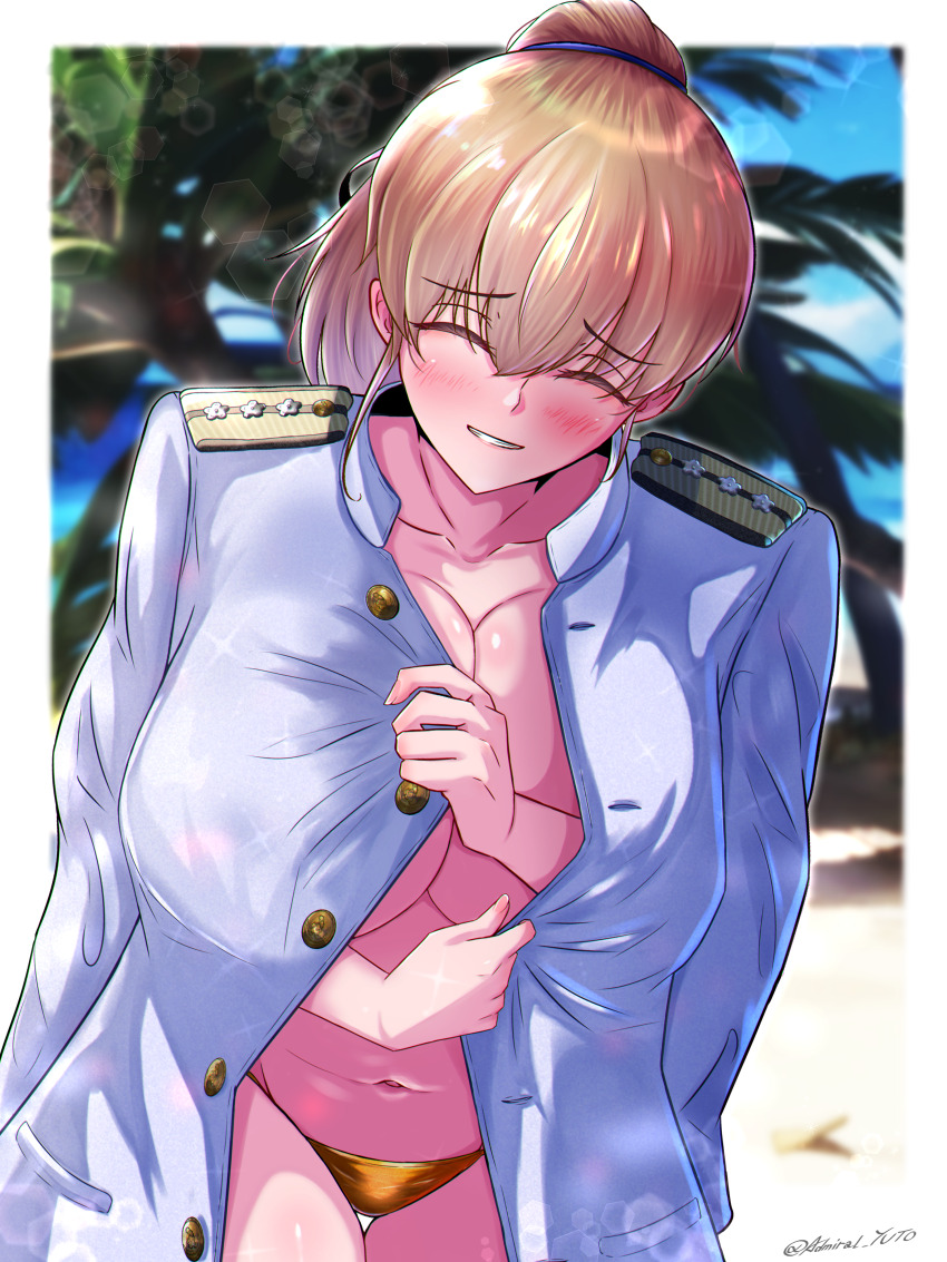 1girl absurdres bikini bikini_bottom_only breasts brown_hair closed_eyes collarbone commission epaulettes gold_bikini highres huge_breasts intrepid_(kancolle) jacket jacket_on_shoulders kantai_collection navel open_clothes open_jacket pixiv_commission ponytail short_hair smile solo swimsuit unbuttoned yoko_hata