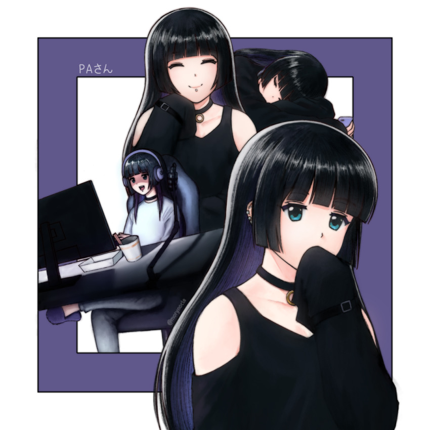 1girl ^_^ black_choker black_dress black_hair blunt_bangs bocchi_the_rock! border choker closed_eyes colored_inner_hair commentary covering_own_mouth desk dress ear_piercing goth_fashion green_eyes hand_over_own_mouth happy headphones hime_cut labret_piercing long_hair long_sleeves morynocle multicolored_hair multiple_views pa-san piercing playing_games purple_hair shirt sleeping smile white_border white_shirt