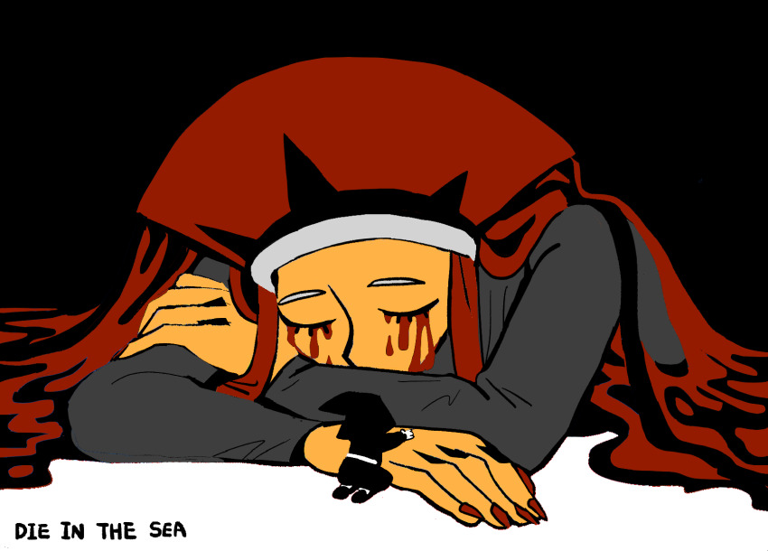 2boys 98sikk black_background blood bloody_tears brothers closed_eyes colored_skin comforting distortion flat_color hand_on_own_arm head_rest high_contrast highres kuro_(sakana_uo_sakana) limited_palette male_focus melting mini_person miniboy multiple_boys nail_polish orange_skin red_headdress red_nails red_ocean red_veil red_water sad sakana_uo_sakana shiro_(sakana_uo_sakana) siblings size_difference song_name surreal trap two-tone_background u_u veil white_background