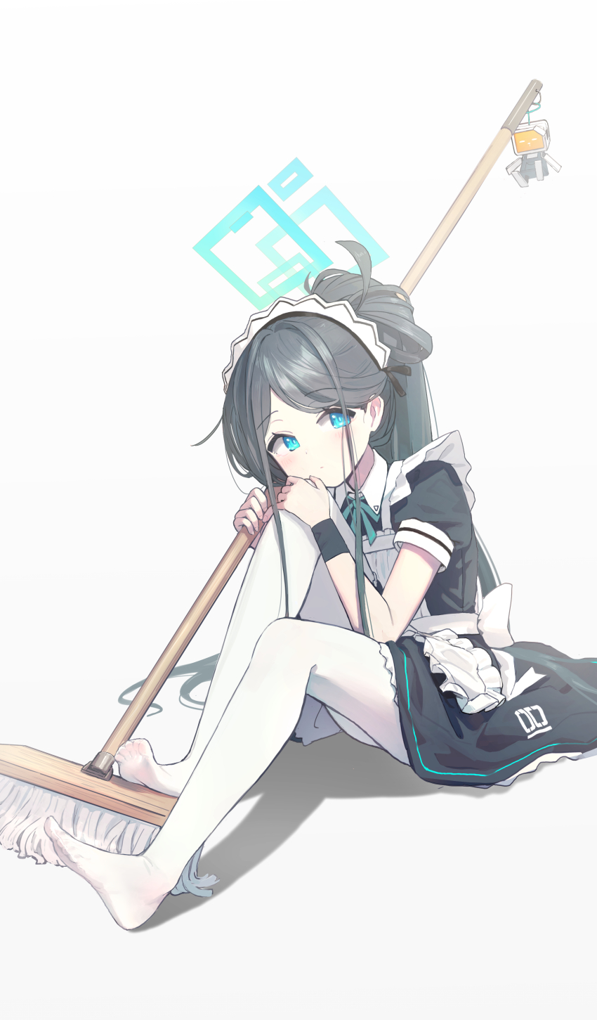 kei_(robot)_(blue_archive) 1girl absurdres apron aris_(blue_archive) aris_(maid)_(blue_archive) black_dress black_hair blue_archive blush borrowed_clothes commentary dress halo hand_on_own_knee highres holding holding_mop kabanoki knees_up looking_at_viewer maid maid_headdress mop no_shoes official_alternate_costume pantyhose parted_bangs ponytail simple_background sitting solo white_apron white_background white_pantyhose wristband