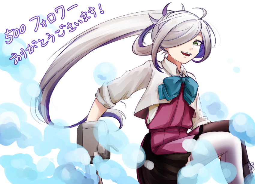 1girl ahoge asashimo_(kancolle) asashimo_kai_ni_(kancolle) asymmetrical_legwear black_thighhighs blazer blue_bow blue_bowtie bow bowtie dress gradient_hair grey_eyes grey_thighhighs hair_over_one_eye highres jacket kantai_collection long_hair mismatched_legwear multicolored_hair ponytail purple_hair school_uniform sharp_teeth shirt silver_hair solo teeth thighhighs white_shirt yukai_(xiaoyu13298276)