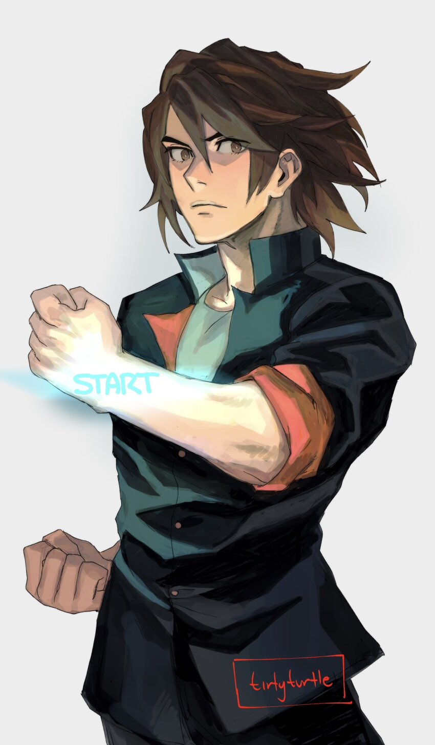 1boy arm_up artist_name black_jacket brown_eyes brown_hair clenched_hands english_text gakuran glowing glowing_hand green_undershirt highres hijiyama_takatoshi jacket juusan_kihei_bouei_ken male_focus muscular school_uniform simple_background sleeves_rolled_up solo tirtyturtle white_background