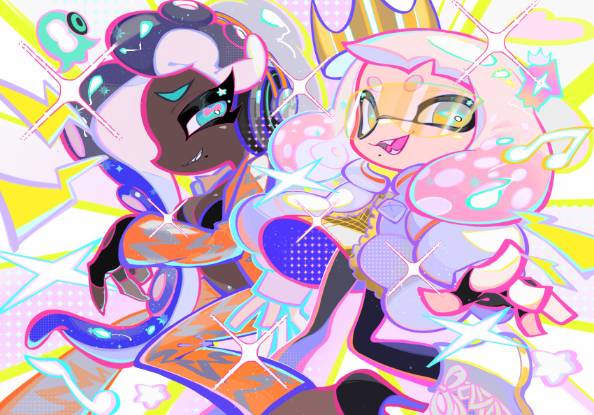 2girls aqua_eyes black_bra black_footwear black_gloves black_pantyhose blonde_hair blue_hair bra breasts cephalopod_eyes coat commentary_request crop_top crown dark-skinned_female dark_skin fangs fingerless_gloves furrowed_brow gloves gradient_hair headphones high_heels highres inkling jacket long_hair marina_(damp_socks_feat._off_the_hook)_(splatoon) marina_(splatoon) mole multicolored_hair multiple_girls nintendo octoling open_clothes open_coat open_jacket open_mouth orange_jacket orange_pants orange_suit pants pantyhose pearl_(damp_socks_feat._off_the_hook)_(splatoon) pearl_(splatoon) pink_hair splatoon_(series) splatoon_3 star-shaped_pupils star_(symbol) suction_cups symbol-shaped_pupils tentacle_hair two-tone_hair underwear white_coat white_footwear xiaoyunatie yellow_eyes zipper