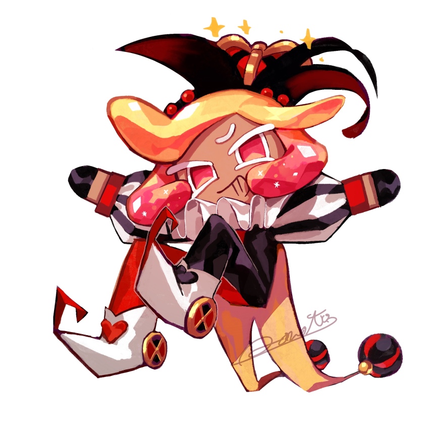 1girl ankle_boots bad_id bad_pixiv_id black_bodysuit black_gloves blonde_hair bodysuit boots commentary_request cookie_run cookie_run:_ovenbreak crown full_body gloves grapefruit_cookie grapefruit_cookie_(phenomenal_stuntmaster) grin heart highres inactive_account invisible_chair knees_up long_sleeves multicolored_hair official_alternate_costume official_alternate_hair_color outstretched_arms puffy_long_sleeves puffy_sleeves red_bodysuit red_eyes red_hair rn9j short_hair single_eyebrow sitting smile solo sparkle striped_sleeves two-tone_bodysuit two-tone_hair v-shaped_eyebrows white_boots