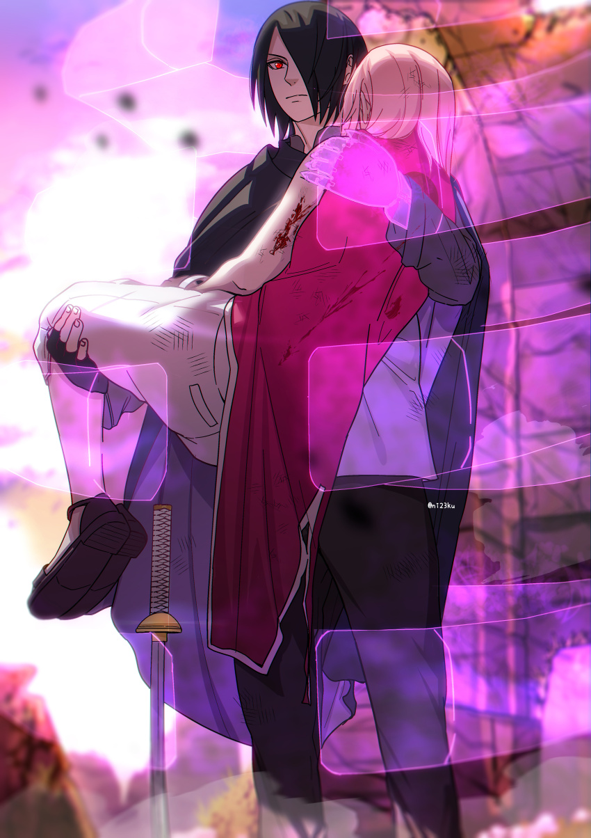 1boy 1girl absurdres black_hair blood boruto:_naruto_next_generations carrying chinese_commentary cloak commentary_request energy_barrier fingerless_gloves frown gloves hair_over_one_eye haruno_sakura highres husband_and_wife katana naruto_(series) niku_(ni23ku) pink_hair princess_carry prosthesis prosthetic_arm red_eyes scrape sharingan single_fingerless_glove sword twitter_username uchiha_sasuke weapon