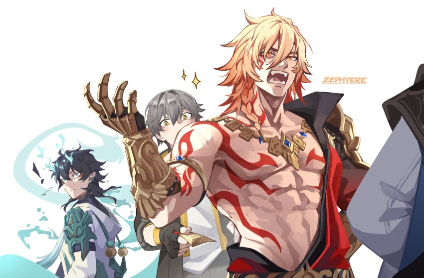 4boys abs angry arguing armlet armor armored_gloves black_hair black_jacket blonde_hair braid caelus_(honkai:_star_rail) chest_tattoo coat dan_heng_(honkai:_star_rail) dan_heng_(imbibitor_lunae)_(honkai:_star_rail) dragon_horns frown gold_necklace green_eyes grey_hair highres holding holding_ticket honkai:_star_rail honkai_(series) horns jacket jewelry long_sleeves looking_back male_focus multiple_boys muscular muscular_male mydei_(honkai:_star_rail) necklace open_clothes open_coat orange_eyes pauldrons phainon_(honkai:_star_rail) red_tattoo shirt shoulder_armor single_pauldron sparkling_eyes tattoo ticket toned toned_male trailblazer_(honkai:_star_rail) white_background white_shirt yellow_eyes zephyere