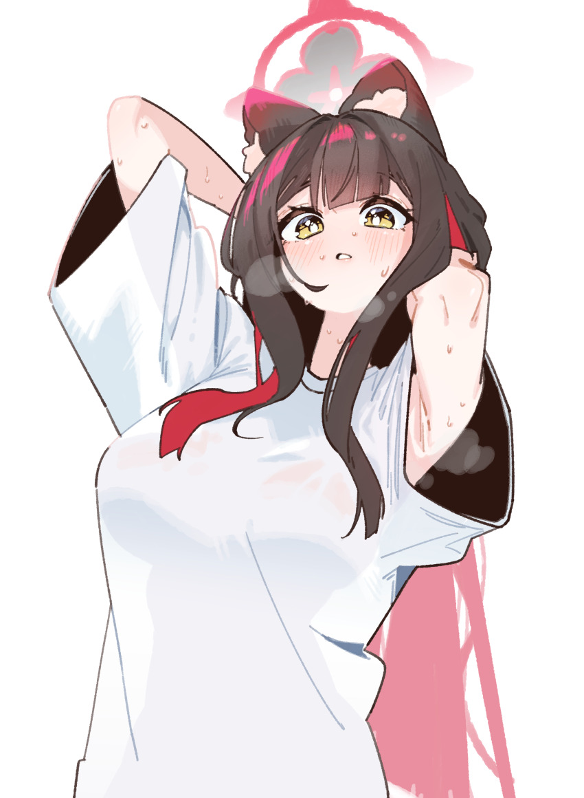 1girl absurdres alternate_costume animal_ear_fluff animal_ears armpits arms_behind_head black_hair blue_archive blunt_bangs blush colored_inner_hair fox_ears fox_girl highres long_hair multicolored_hair red_hair shirt short_sleeves sidelocks smsm516 solo sweat t-shirt two-tone_hair upper_body wakamo_(blue_archive) white_shirt yellow_eyes