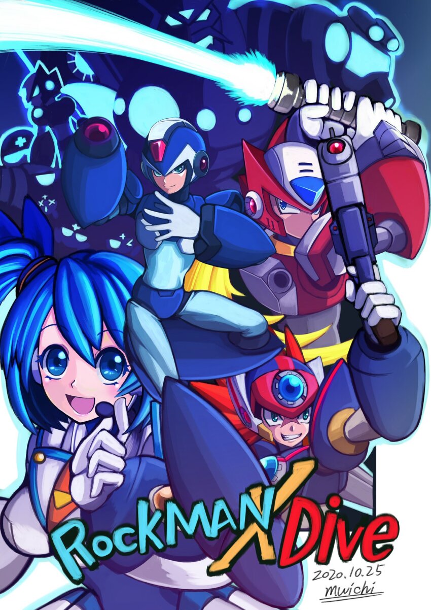 agetatekoron2 arm_cannon armor axl_(mega_man) black_armor black_helmet blonde_hair blue_armor blue_eyes blue_hair blue_helmet brown_hair copyright_name cross_scar dated energy_gun energy_sword forehead_jewel green_eyes gun helmet highres holding holding_gun holding_sword holding_weapon long_hair looking_at_viewer mega_man_(series) mega_man_x_(series) mega_man_x_dive one_side_up ponytail red_armor red_helmet rico_(mega_man) scar scar_on_face signature smile spiked_hair sword weapon x_(mega_man) z_saber zero_(mega_man)