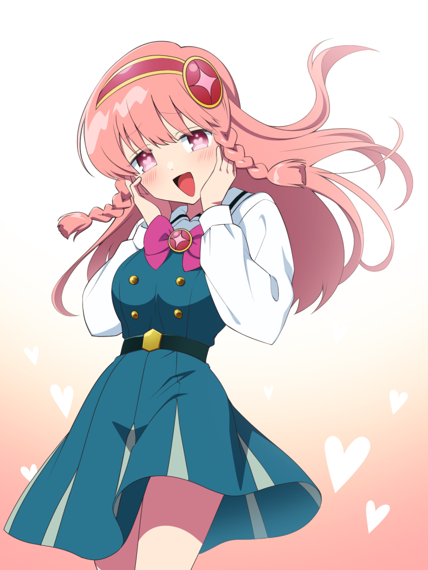 1girl :d belt blue_dress blush bow bowtie braid breasts collared_shirt commentary_request cowboy_shot dress floating_hair gradient_background hairband hands_on_own_cheeks hands_on_own_face hands_up heart heart-shaped_pupils highres kirara_mami kisaragi_hina large_breasts long_hair long_sleeves looking_at_viewer open_mouth pink_background pink_eyes pink_hair puniru_wa_kawaii_slime red_hairband school_uniform shirt smile solo standing symbol-shaped_pupils white_shirt