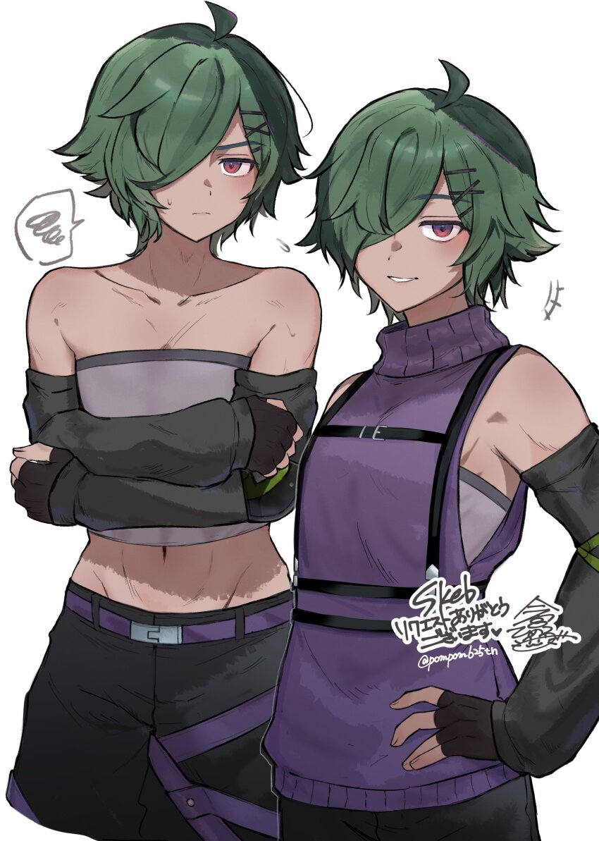 +++ 1boy absurdres ahoge black_gloves borrowed_character closed_mouth collarbone commentary_request commission dark-skinned_male dark_skin detached_sleeves fingerless_gloves gloves green_hair grey_background hair_ornament hair_over_one_eye hairclip hand_on_own_hip highres imamiya_pinoko long_sleeves looking_at_viewer male_focus navel original parted_lips red_eyes short_hair simple_background skeb_commission solo speech_bubble spoken_squiggle squiggle translation_request trap twitter_username x_hair_ornament