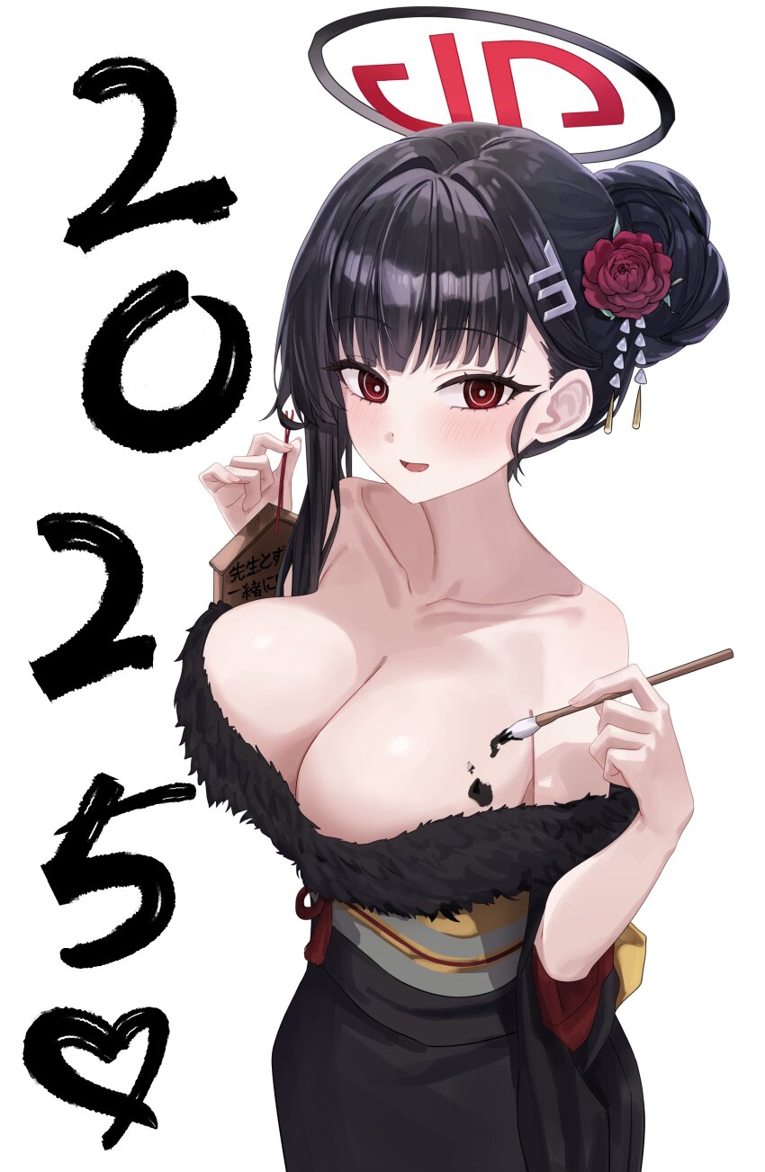 1girl 2025 absurdres alternate_costume black_hair black_halo black_kimono blue_archive breasts bright_pupils cleavage collarbone halo heart hido88 highres japanese_clothes kimono red_eyes rio_(blue_archive) solo white_pupils