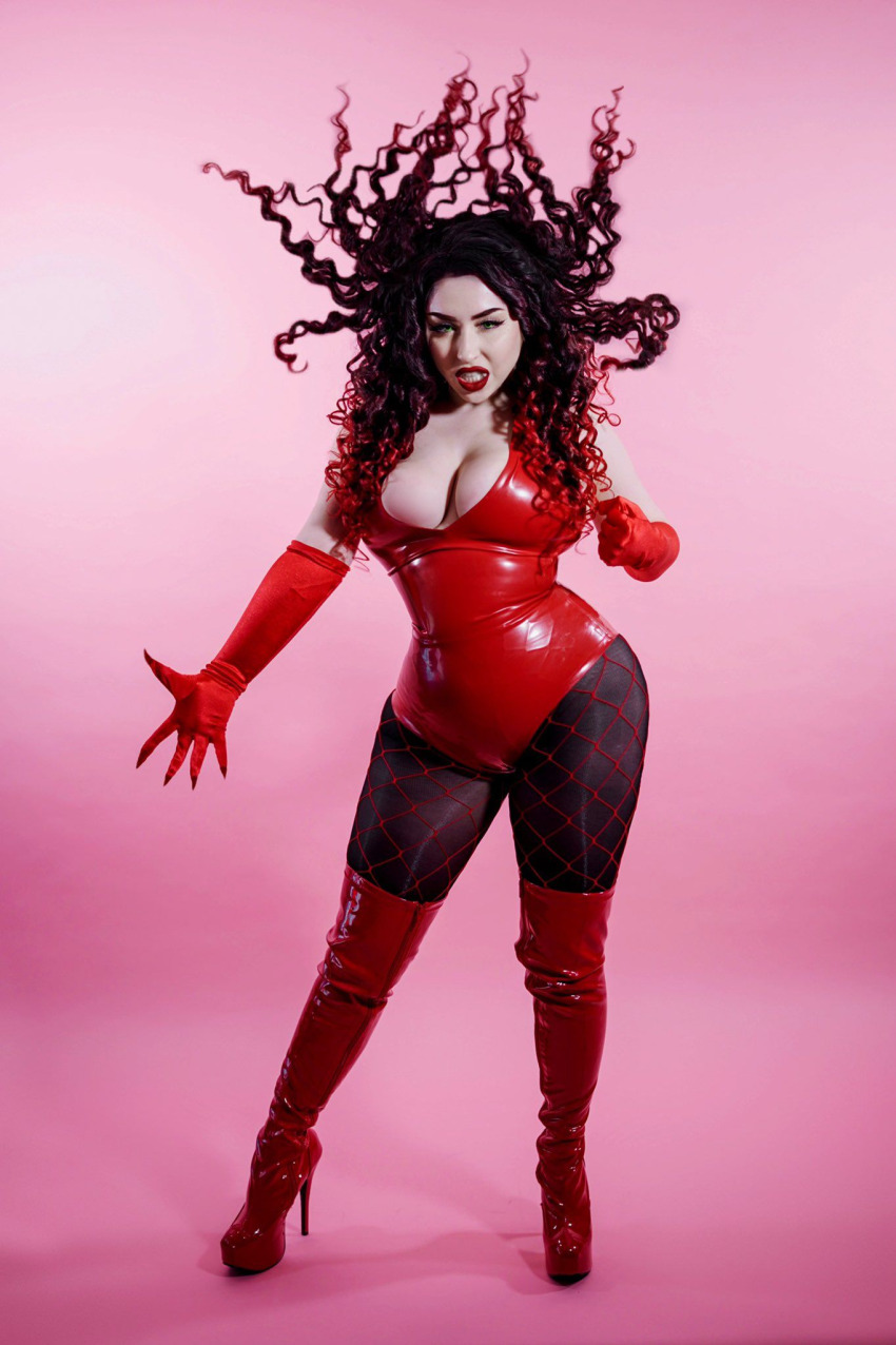 1girl black_eyeshadow blush_(makeup) boots breasts cartoon_network cleavage clenched_hand clenched_teeth collarbone cosplay cosplay_photo curly_hair elbow_gloves eyelashes eyeliner eyeshadow female_focus fishnets gloves green_eyes high_heels highres large_breasts latex latex_boots latex_gloves latex_legwear latex_leotard leotard lips lipstick long_hair makeup photo_(medium) pink_background platform_boots platform_footwear platform_heels powerpuff_girls red_boots red_gloves red_hair red_leotard red_lips red_thighhighs sedusa sedusa_(cosplay) shadow solo tagme teeth thejulietttemichele thick_thighs thighhighs thighs wide_hips wig