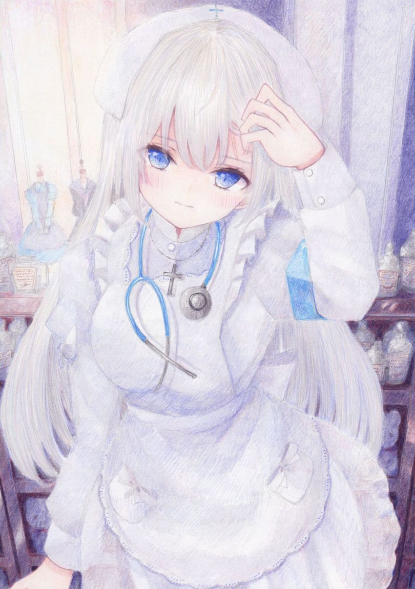 1girl apron armband blush closed_mouth colored_pencil_(medium) darkkanan dress eyes_visible_through_hair frilled_apron frills hair_between_eyes hat highres indoors long_hair looking_at_viewer nurse nurse_cap original painting_(medium) pinafore_dress sidelocks sleeveless_dress solo standing stethoscope traditional_media upper_body watercolor_(medium) white_dress white_hair