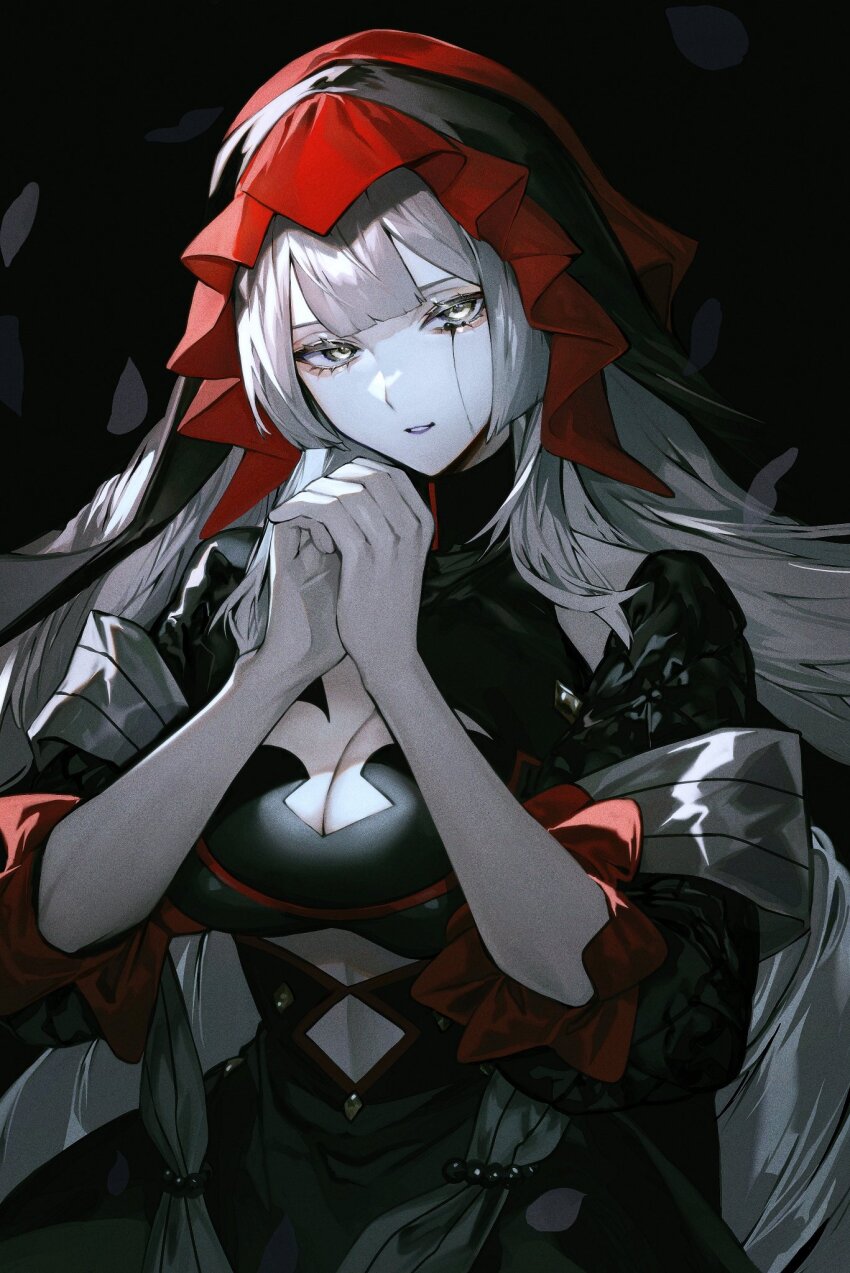 1girl albino_(a1b1n0623) blood bloody_tears breasts crying dress fate/grand_order fate_(series) grey_hair highres large_breasts long_hair looking_at_viewer marie_antoinette_alter_(fate) marie_antoinette_alter_(second_ascension)_(fate) marie_antoinette_(fate) marie_antoinette_alter_(fate) marie_antoinette_alter_(second_ascension)_(fate) praying very_long_hair white_hair yellow_eyes