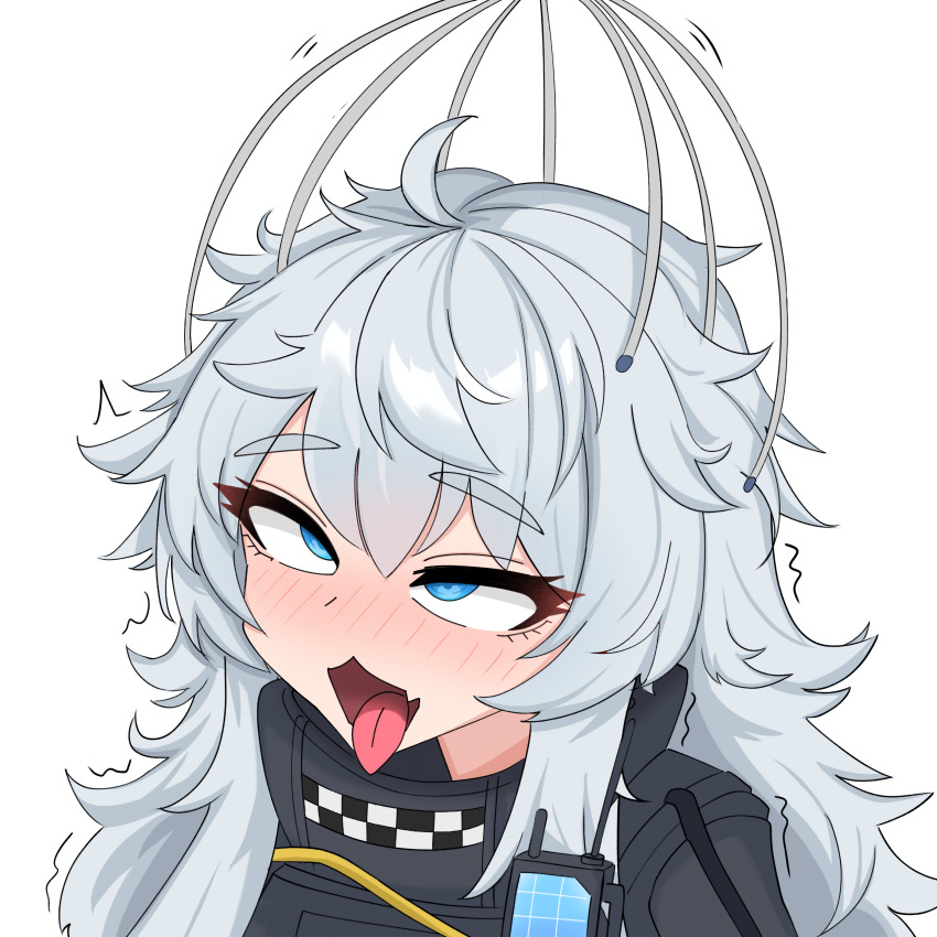 1girl a.c.p.u._(nikke) absurdres ahegao blue_eyes blush bulletproof_vest fang goddess_of_victory:_nikke head_massage highres long_hair massager motion_lines open_mouth poli_(nikke) police police_uniform policewoman rolling_eyes scalp_massager scratching_head skin_fang smile solo tactical_clothes tengt_e tongue tongue_out twitching uncommon_stimulation very_long_hair white_hair