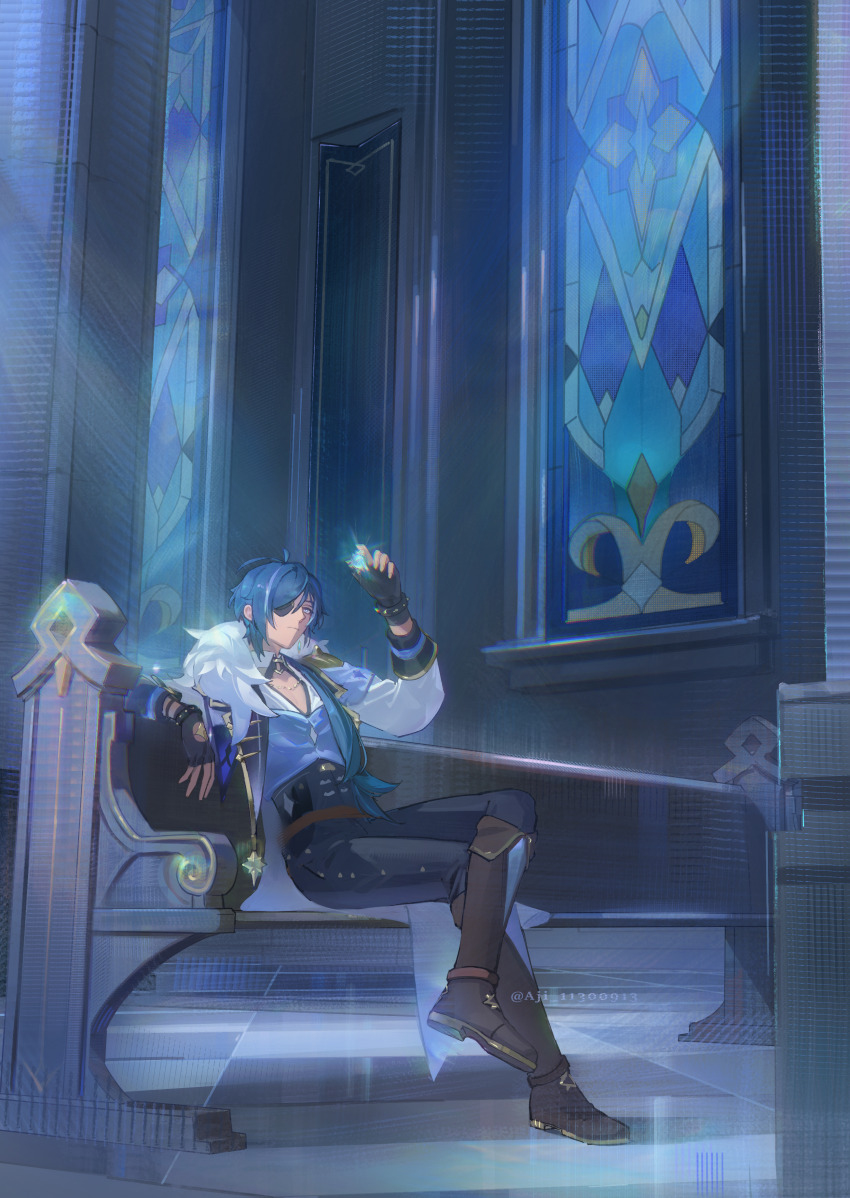 1boy absurdres aji_11300913 antenna_hair arm_up black_gloves black_pants blue_eyes blue_hair cathedral church closed_mouth commentary_request crossed_legs cryo_symbol_(genshin_impact) dark-skinned_male dark_skin eyepatch fingerless_gloves fur_scarf genshin_impact gloves highres kaeya_(genshin_impact) male_focus multicolored_shirt night one_eye_covered pants pew sitting solo stained_glass vision_(genshin_impact)