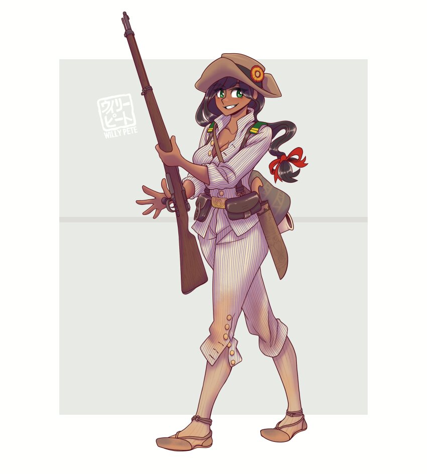 1girl absurdres ammunition_pouch artist_name belt_buckle black_hair bolt_action border bow breasts brown_hat brown_sandals buckle cleavage collarbone commentary english_commentary flower full_body green_eyes grey_background grin gun hair_bow hat hat_flower highres holding holding_gun holding_weapon long_hair looking_at_viewer machete mauser_98 military_combat_uniform military_uniform open_clothes open_shirt original pants partially_unbuttoned pinstripe_pants pinstripe_pattern pinstripe_shirt pouch red_bow rifle sandals sheath shirt simple_background smile solo spanish-american_war suspenders unbuttoned unbuttoned_shirt weapon white_border white_pants white_shirt willy_pete