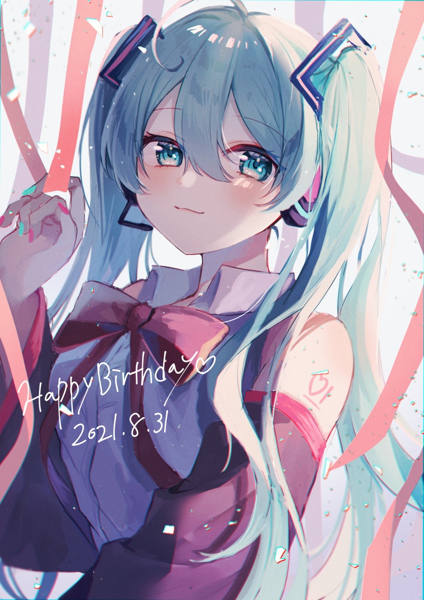 1girl :3 absurdres ahoge anniversary aqua_eyes aqua_hair aqua_nails arm_tattoo black_sleeves blush collared_shirt commentary_request dated detached_sleeves fingernails hair_between_eyes happy_birthday hatsune_miku headset heart heart_tattoo highres long_hair long_sleeves mochita_mogu multicolored_nails number_tattoo pink_nails shirt sleeveless sleeveless_shirt solo tattoo twintails vocaloid white_shirt